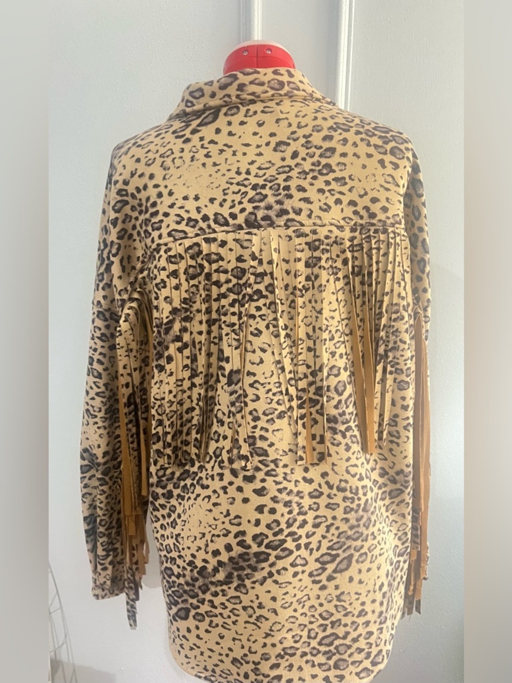 Blue B Collection Leopard Print Button-Up Fringe Shacket - Tan &  Black size L - Picture 7 of 10